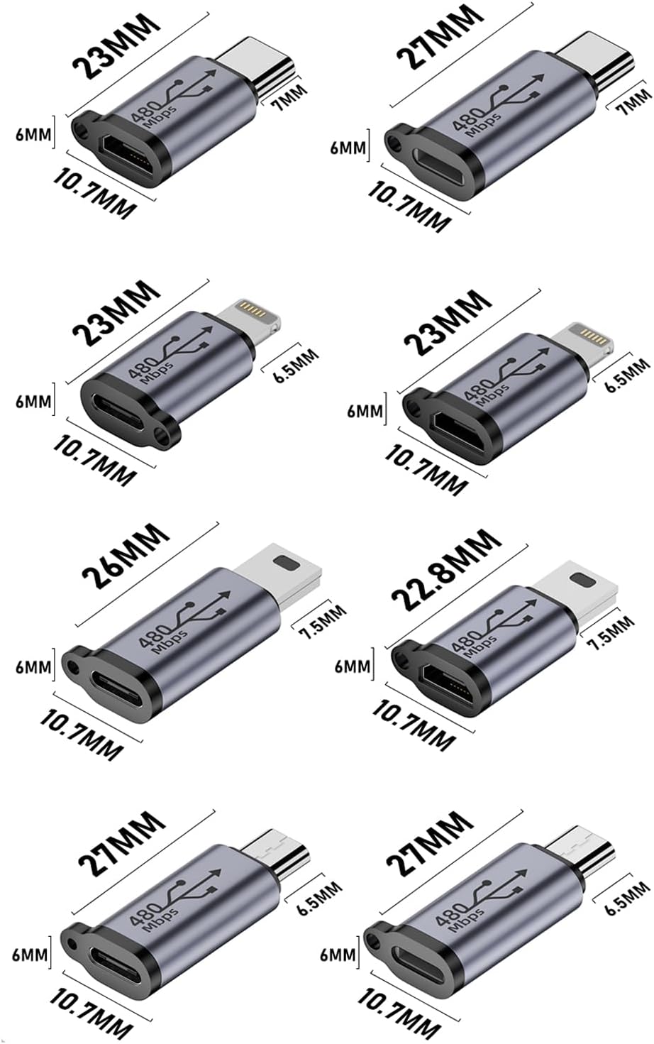 USB C/Lightning to Micro USB Adapter  (8 Pack)