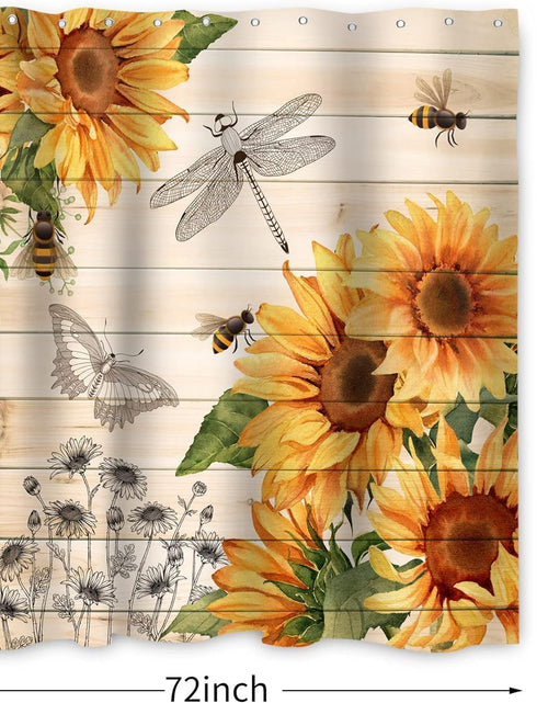 Load image into Gallery viewer, Sunflower Shower Curtain, Country Wooden Plank Yellow Floral Bee Dragonfly Machine Washable Waterproof, 72Wx74H
