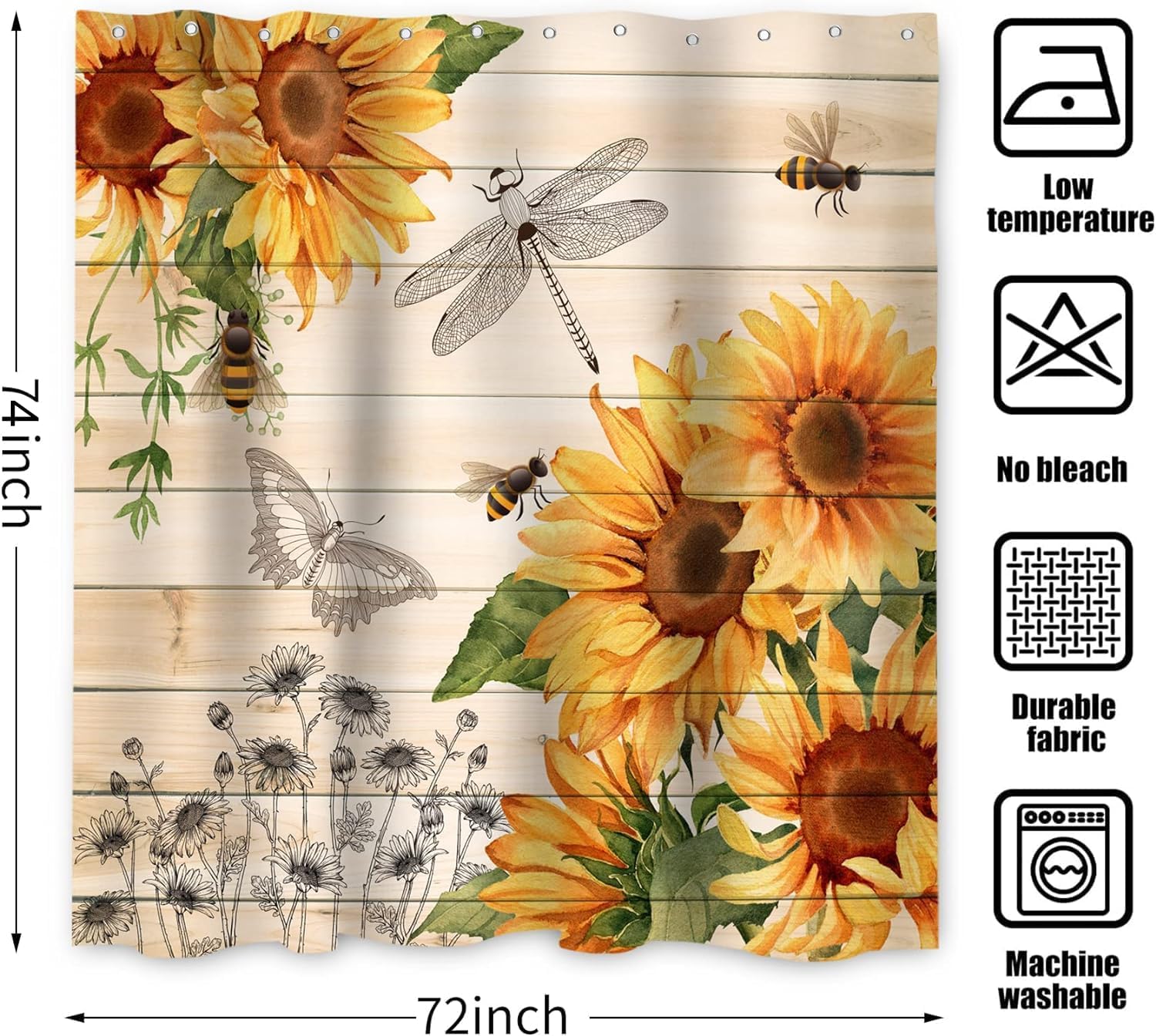 Sunflower Shower Curtain, Country Wooden Plank Yellow Floral Bee Dragonfly Machine Washable Waterproof, 72Wx74H