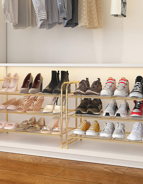 Load image into Gallery viewer, 3-Tier Stackable Shoe Rack, Expandable &amp; Adjustable Shoe Shelf Storage Organizer, Metal Mesh, Gold
