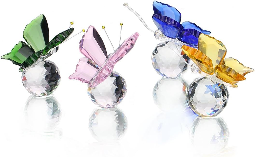 Crystal Flying Butterfly with Crystal Ball Base Figurine Collection Pack of 4