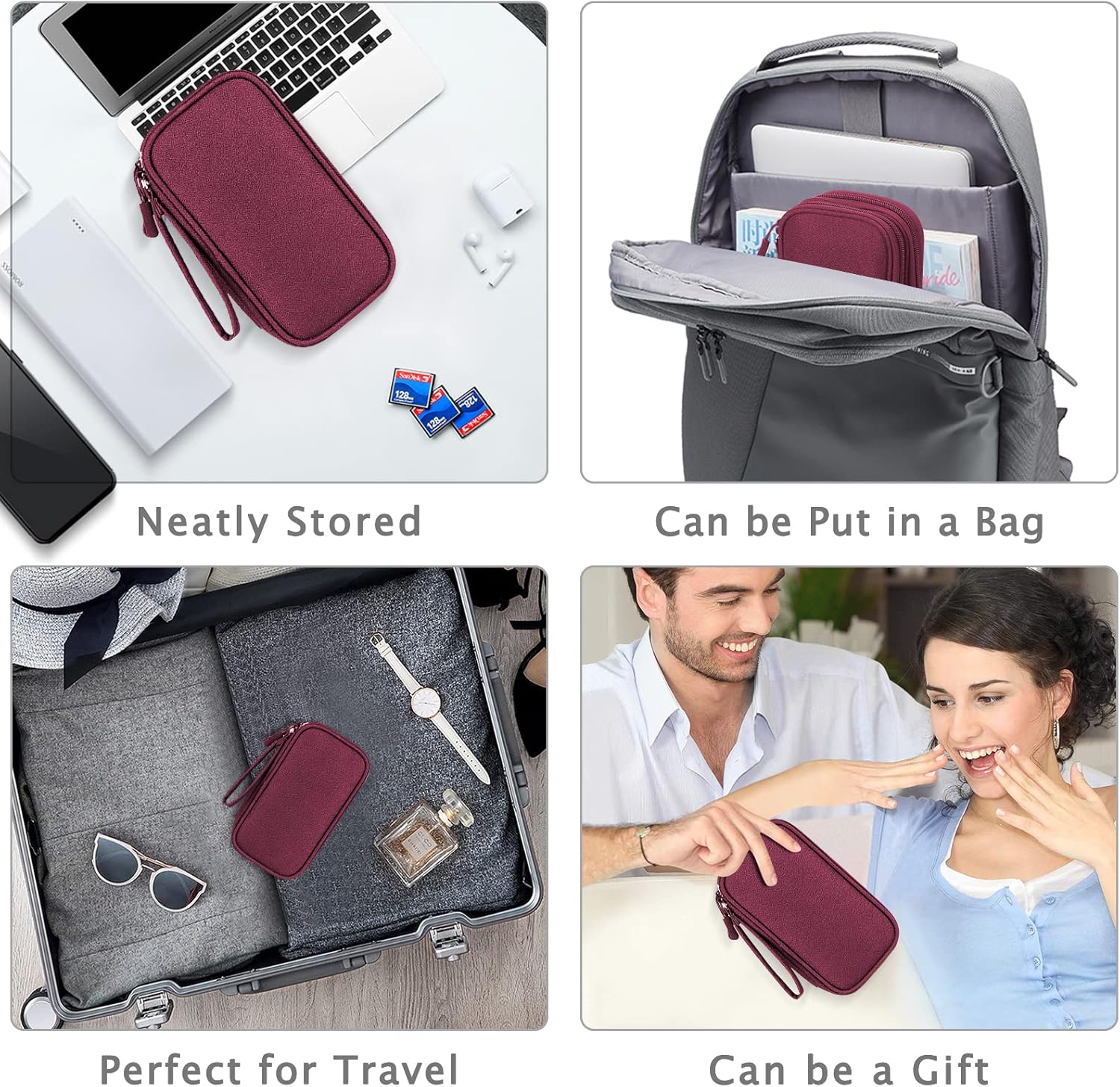 Travel Cable Organizer Bag Pouch Electronic Accessories Carry Case Portable Waterproof Double Layers, Small Wine Red