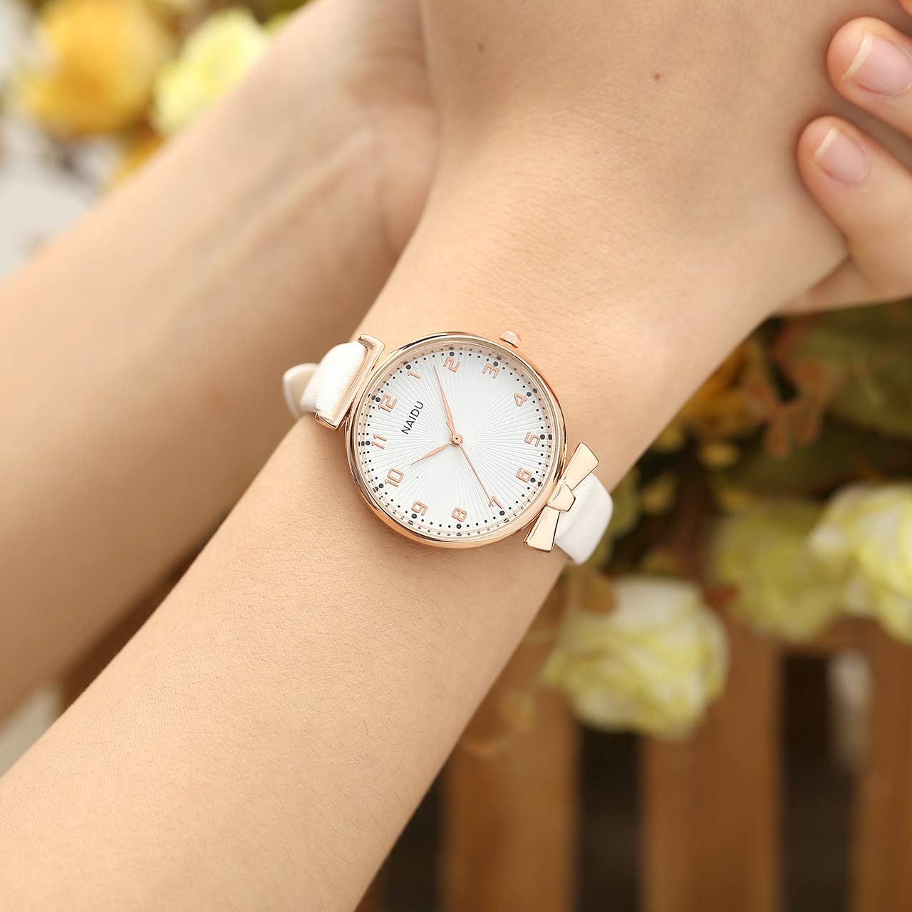 Womens Ladies Classic Simple Leather Analog Quartz Wrist Watch Rose Gold Case Arabic Numerals, White