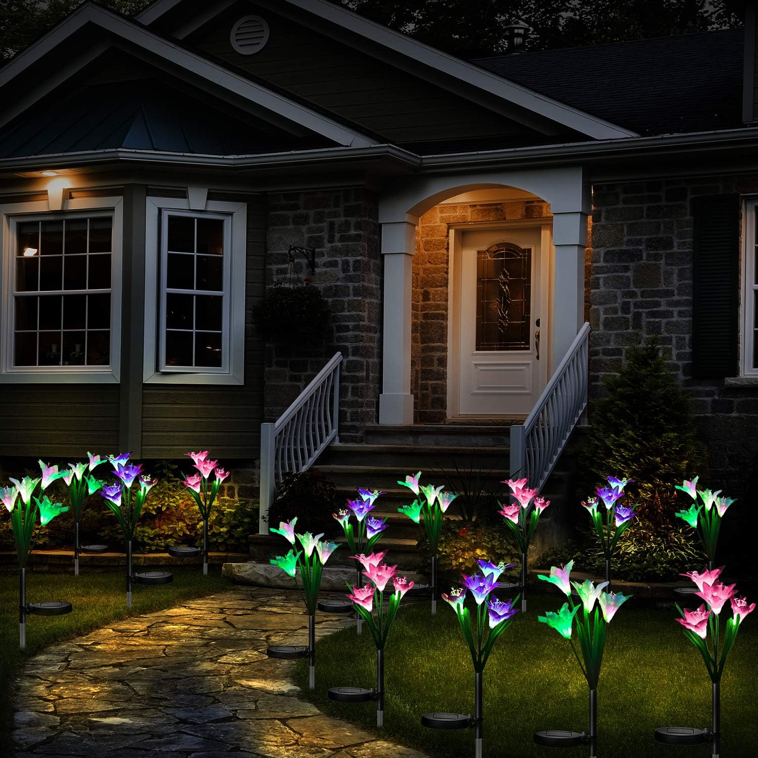 Solar Lights Outdoor Garden Decorative Flowers 6 Pack, Waterproof Solar Garden Lights with 24 Lily Flowers