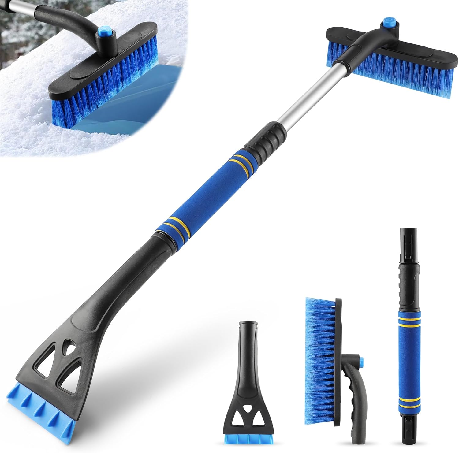 32" Extendable Snow Removal Tool with 360° Rotating Brush, Automotive exterior Accessories (Blue)