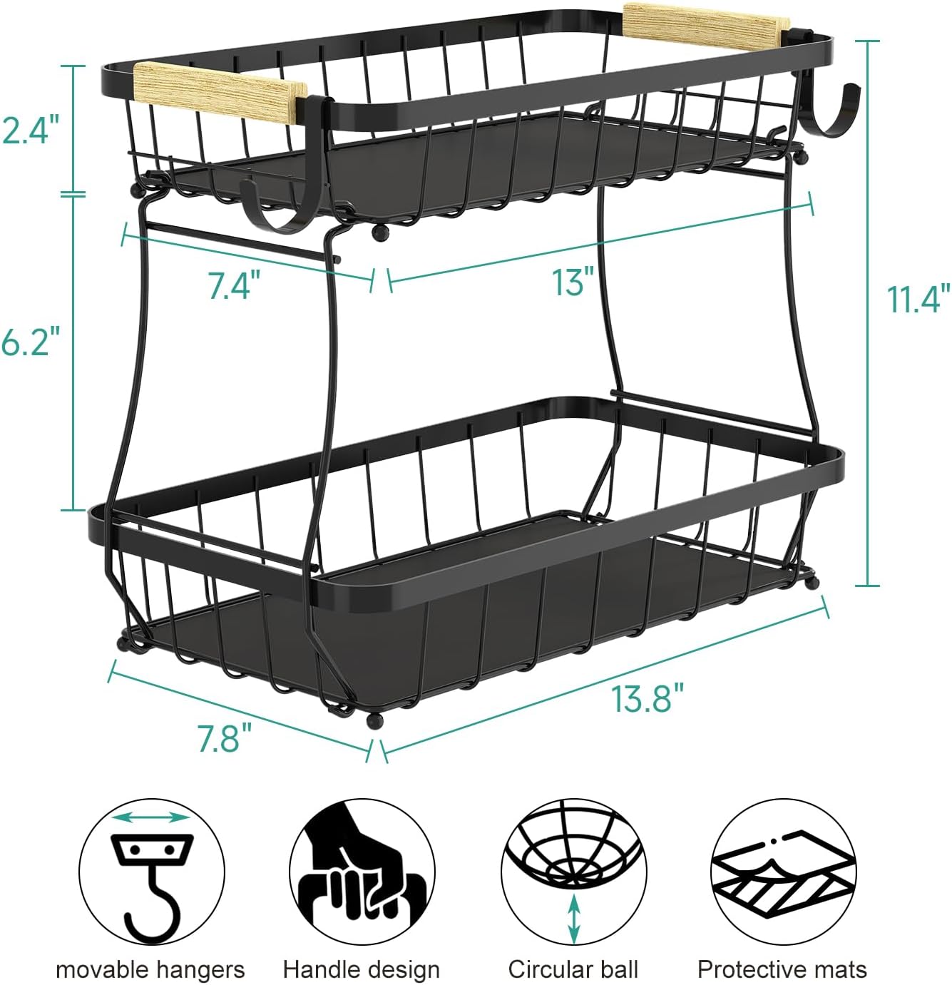 2 Tier Fruit Basket for Kitchen with 2 Banana Hangers