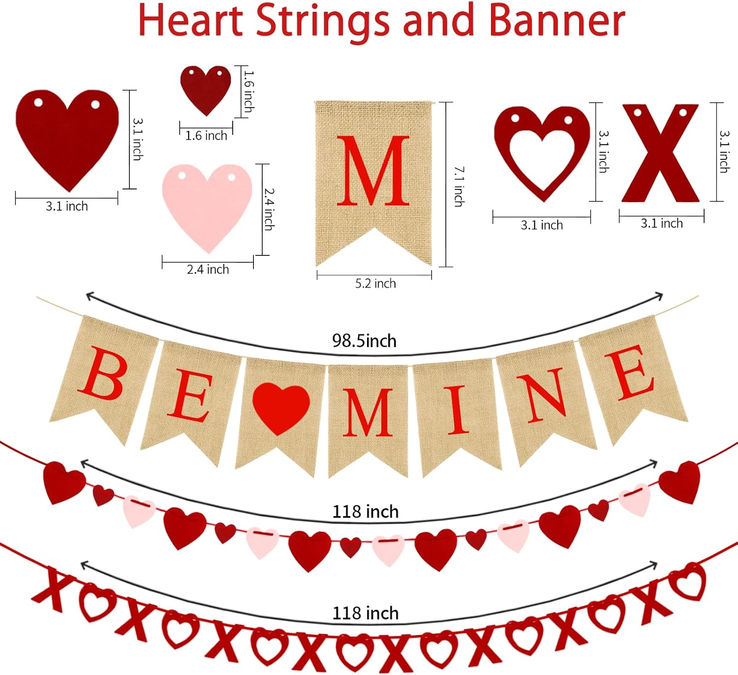 4Pcs Valentines Day Decorations Set No DIY Required BE MINE Love Heart XO Garlands