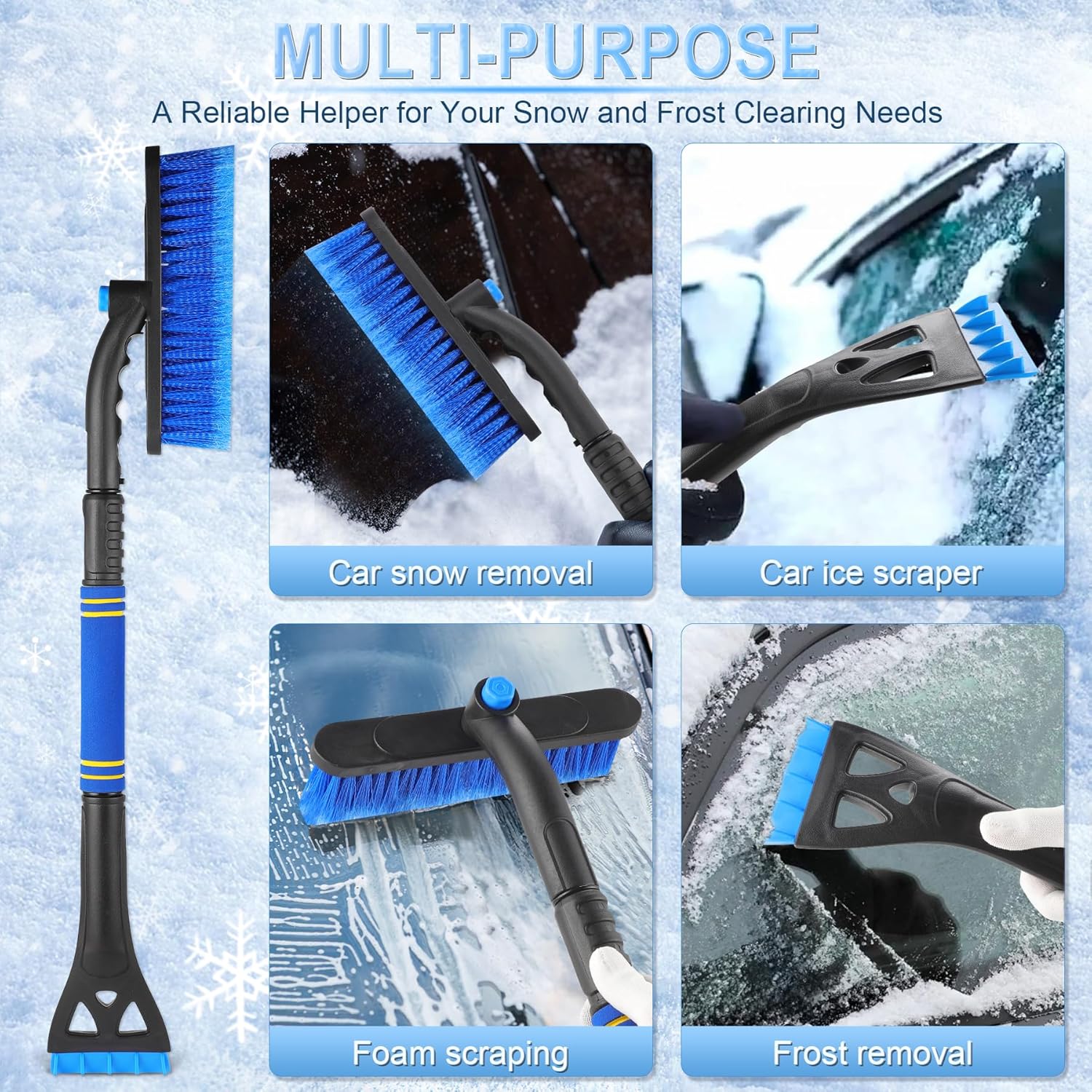 32" Extendable Snow Removal Tool with 360° Rotating Brush, Automotive exterior Accessories (Blue)