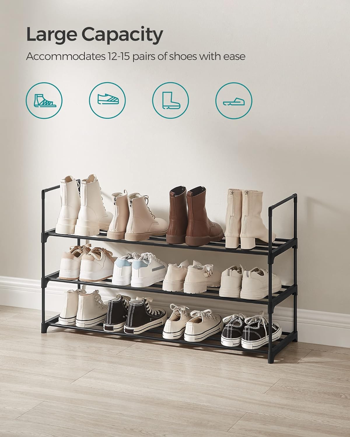 3 Tier Shoe Organizer, Metal Shoe Storage Shelf for 15 Pairs of Shoes