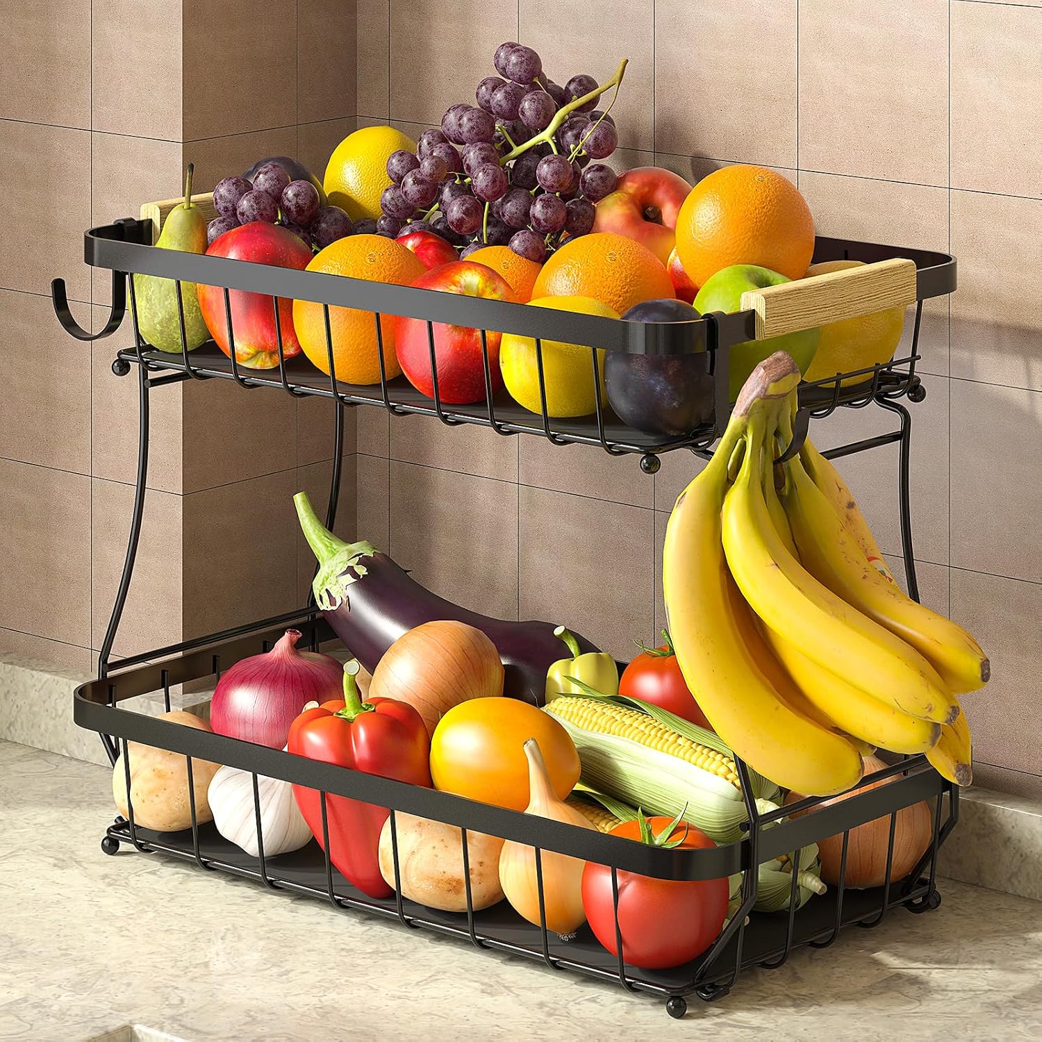 2 Tier Fruit Basket for Kitchen with 2 Banana Hangers