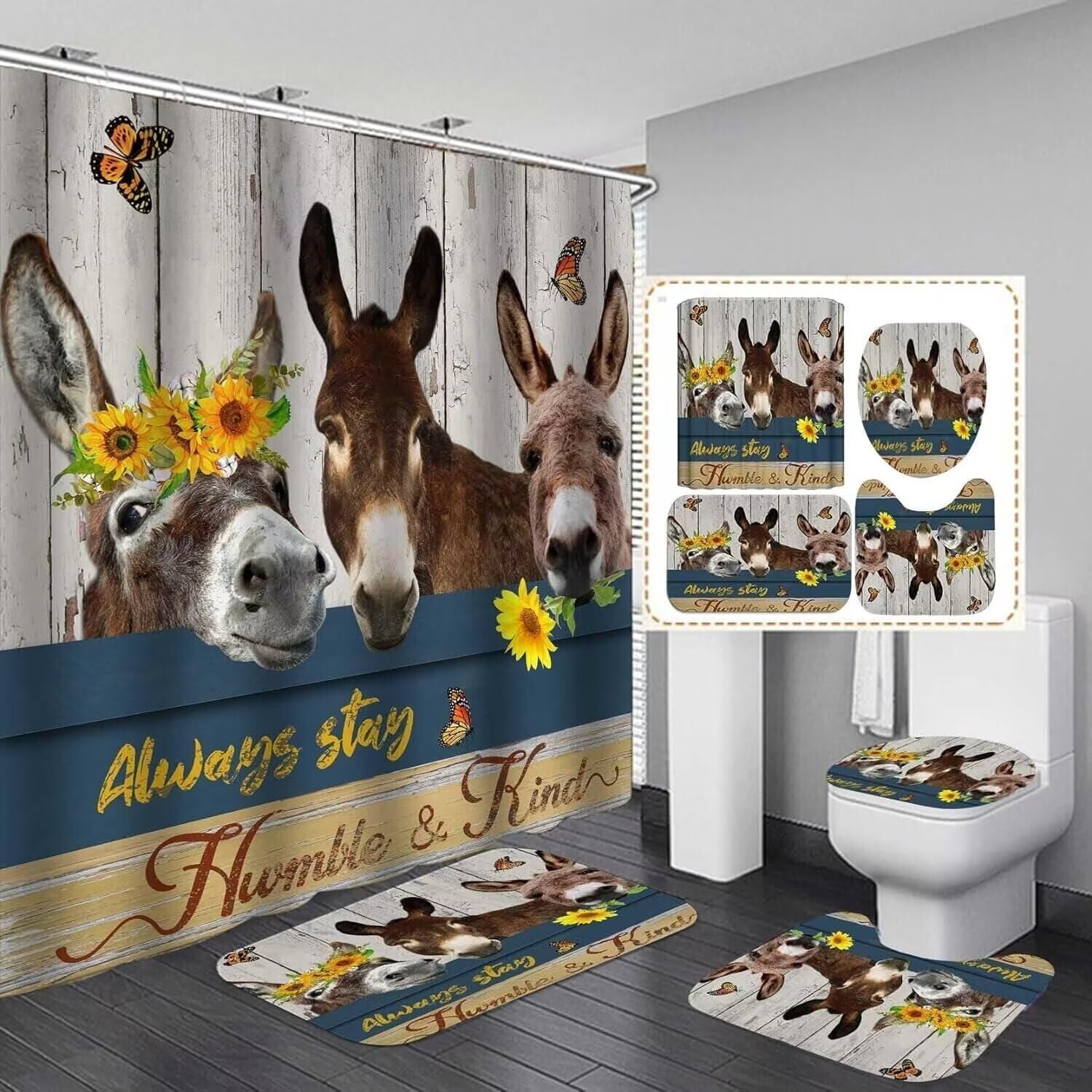 4PCS Farm Animal Shower Curtain Set Sunflower Country Rustic Farmhouse Bathroom Decor Set