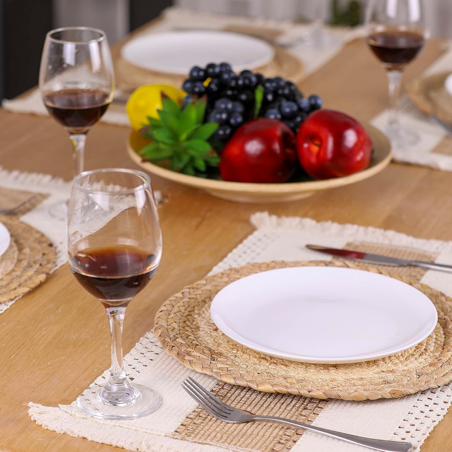 Handmade Boho Placemats Set of 6 - Natural Cotton Burlap