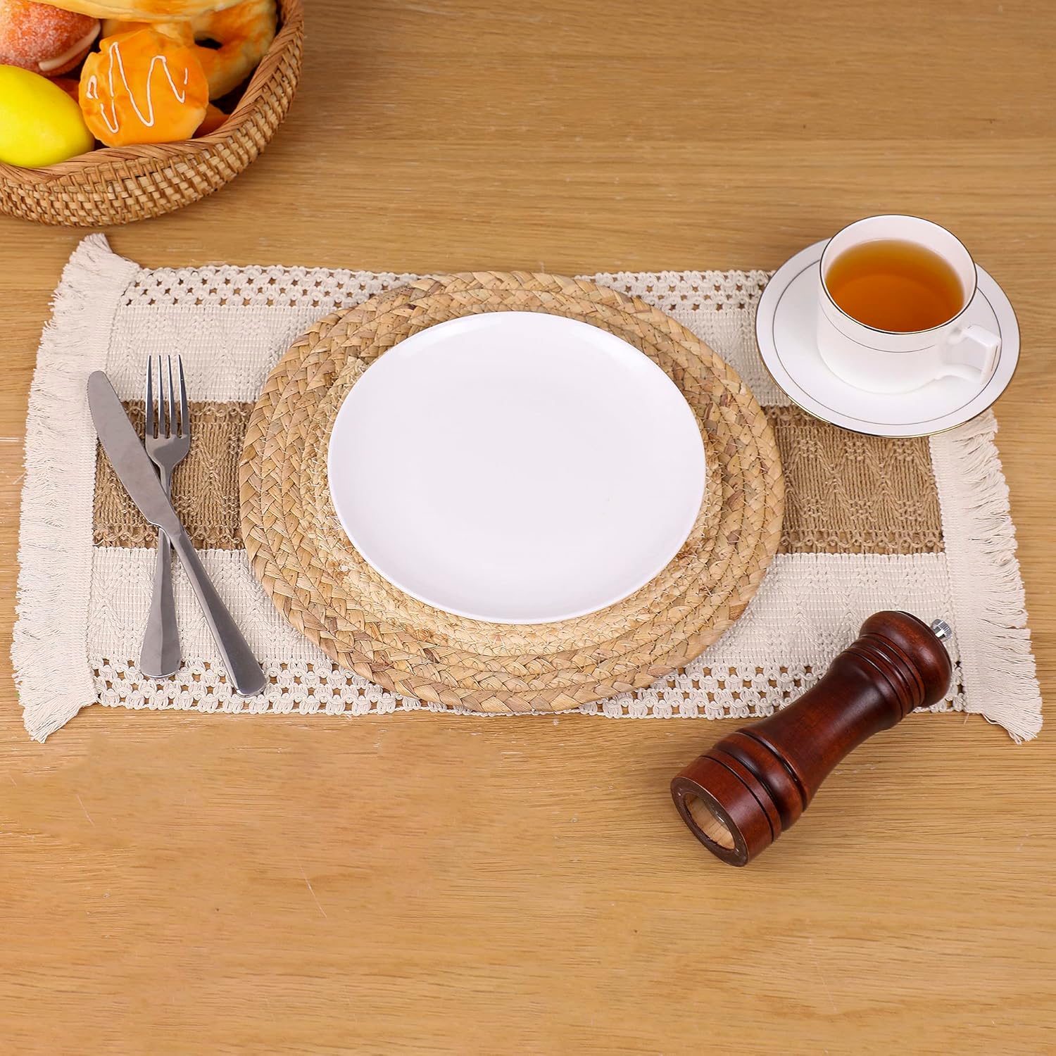 Handmade Boho Placemats Set of 6 - Natural Cotton Burlap