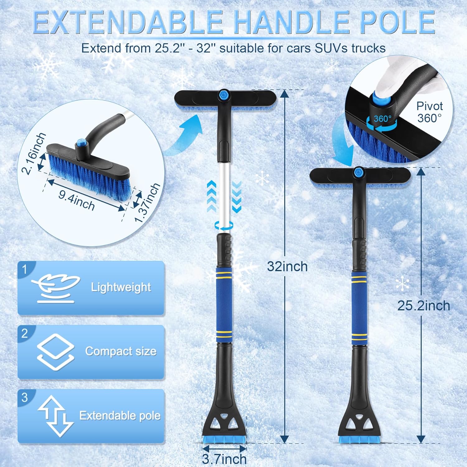 32" Extendable Snow Removal Tool with 360° Rotating Brush, Automotive exterior Accessories (Blue)