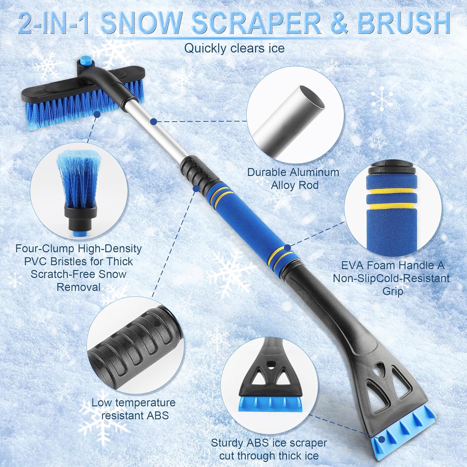 32" Extendable Snow Removal Tool with 360° Rotating Brush, Automotive exterior Accessories (Blue)