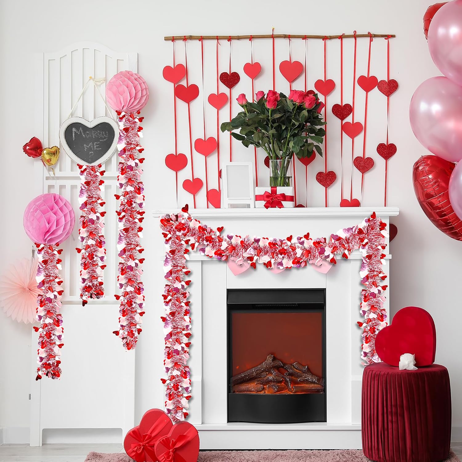 49.2Ft Valentine’s Day Heart Tinsel Garland Pink Red White Metallic Twist Garland Shining Ceiling Hanging Decorations