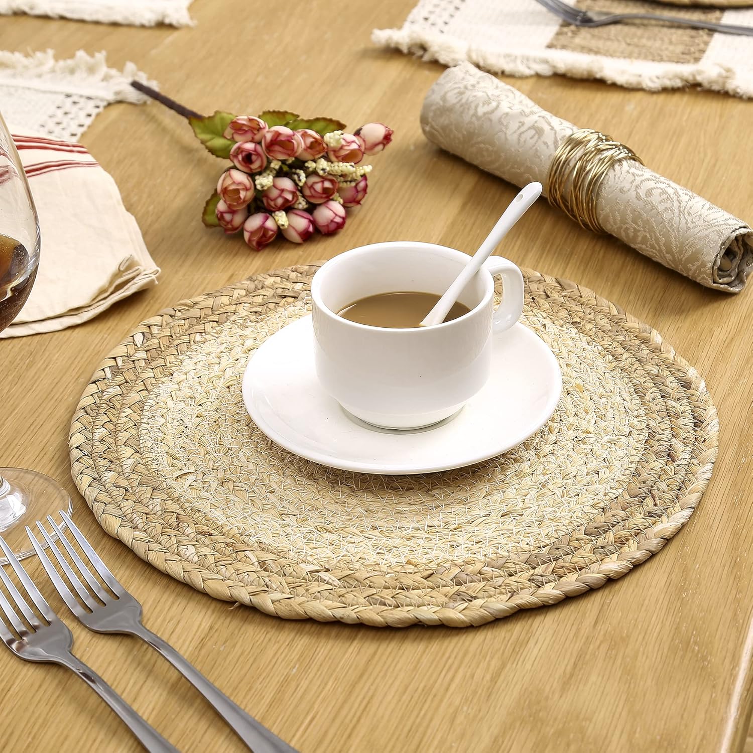 Handmade Boho Placemats Set of 6 - Natural Cotton Burlap