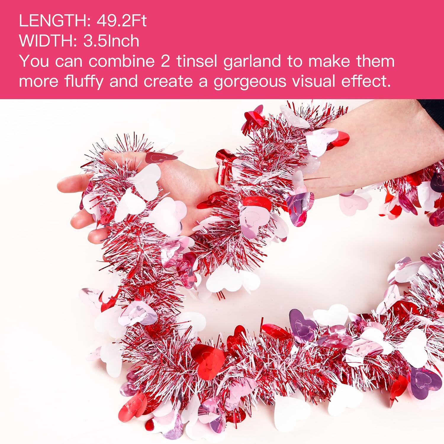 49.2Ft Valentine’s Day Heart Tinsel Garland Pink Red White Metallic Twist Garland Shining Ceiling Hanging Decorations