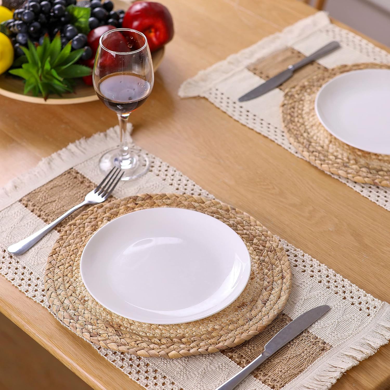 Handmade Boho Placemats Set of 6 - Natural Cotton Burlap