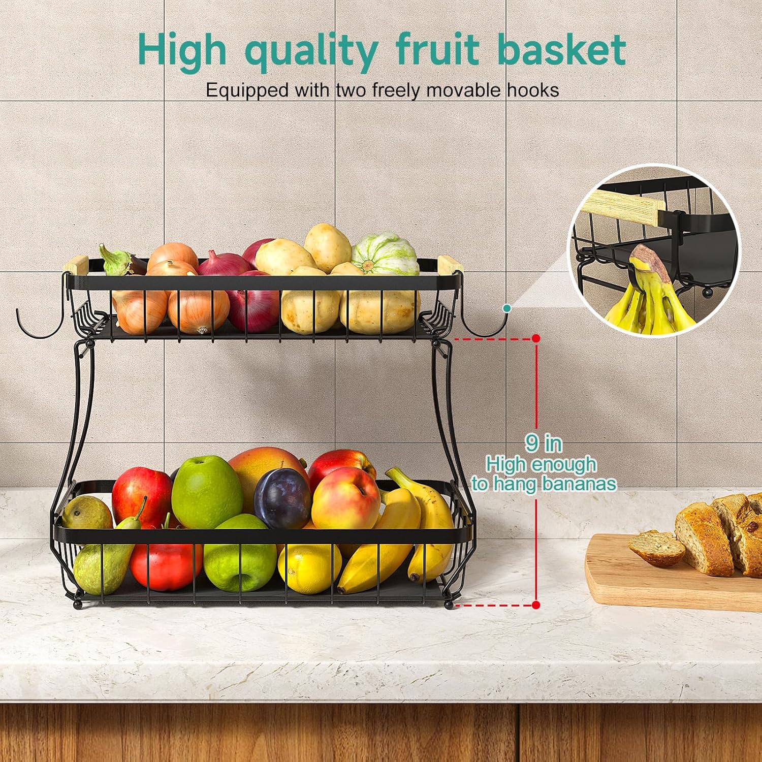 2 Tier Fruit Basket for Kitchen with 2 Banana Hangers