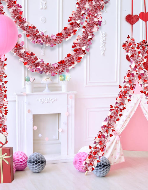 Load image into Gallery viewer, 49.2Ft Valentine’s Day Heart Tinsel Garland Pink Red White Metallic Twist Garland Shining Ceiling Hanging Decorations
