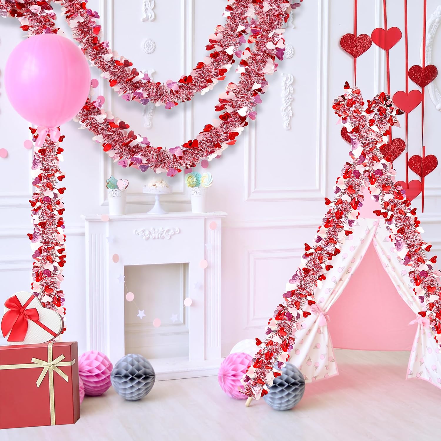 49.2Ft Valentine’s Day Heart Tinsel Garland Pink Red White Metallic Twist Garland Shining Ceiling Hanging Decorations