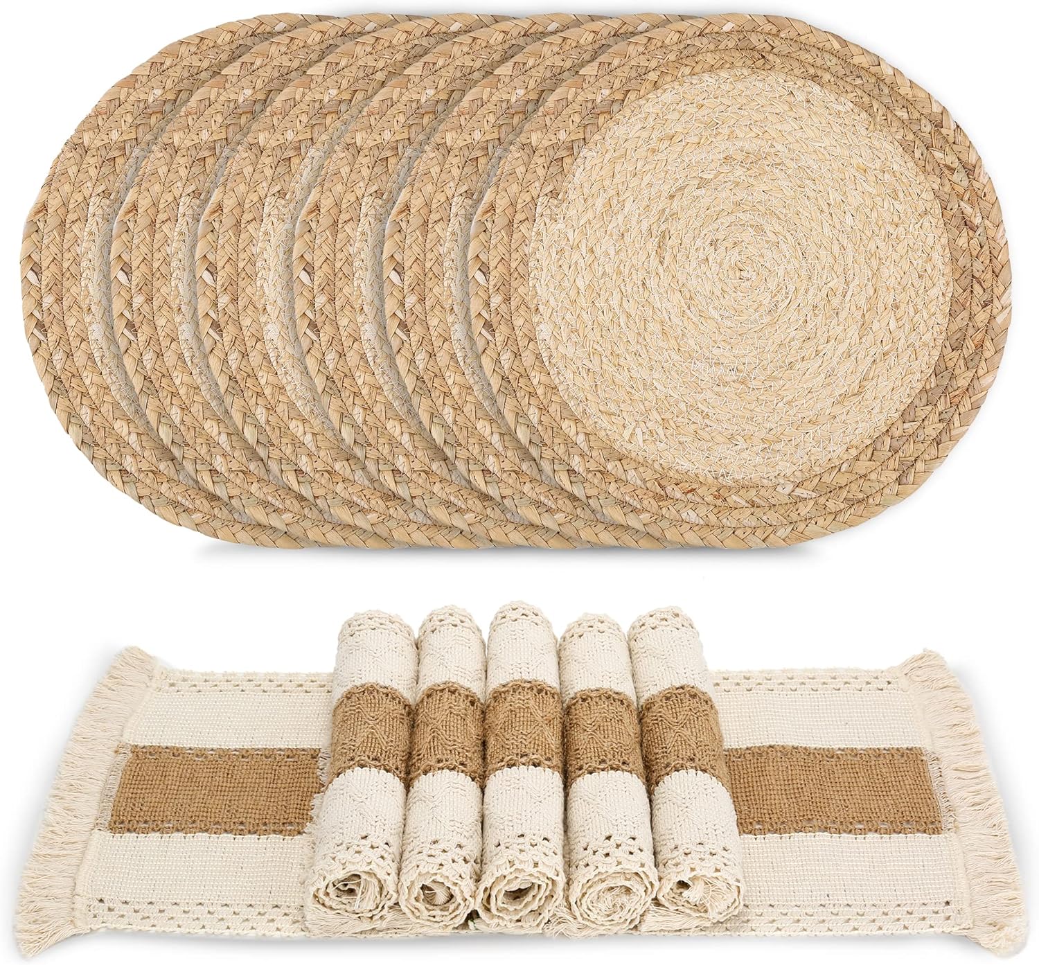 Handmade Boho Placemats Set of 6 - Natural Cotton Burlap