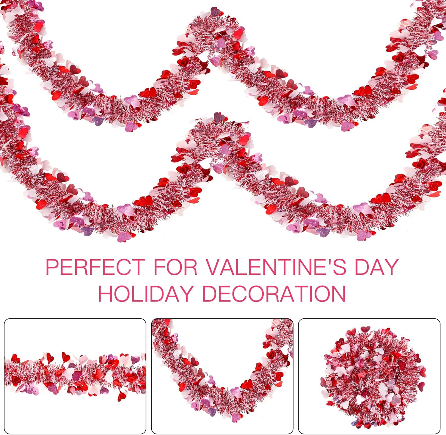 49.2Ft Valentine’s Day Heart Tinsel Garland Pink Red White Metallic Twist Garland Shining Ceiling Hanging Decorations