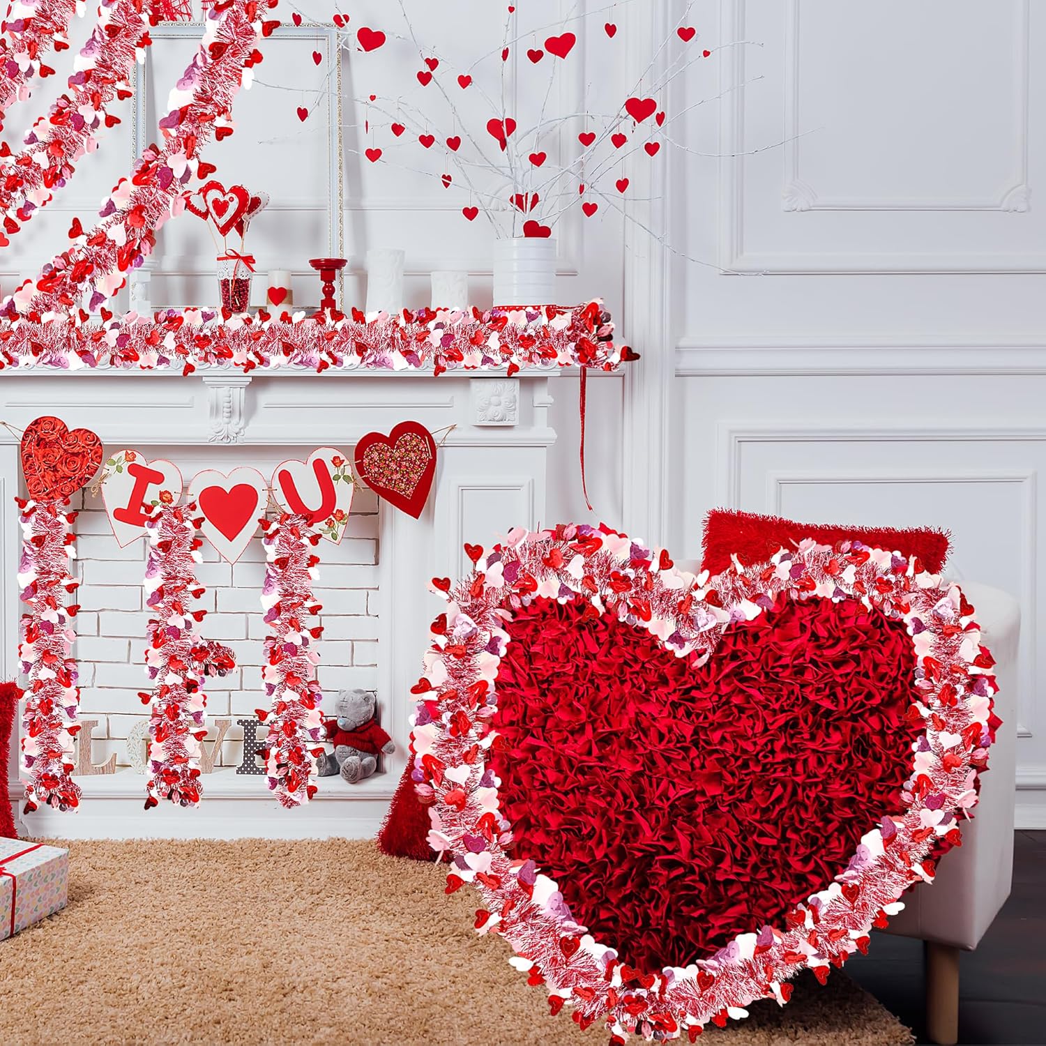 49.2Ft Valentine’s Day Heart Tinsel Garland Pink Red White Metallic Twist Garland Shining Ceiling Hanging Decorations