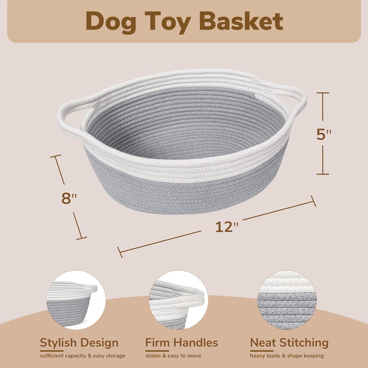 12"x 8" x 5" Small Woven Basket, Storage Basket with Handles ( Gray)