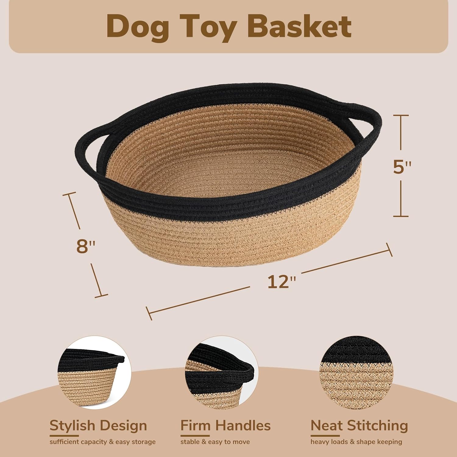 12"x 8" x 5" Small Woven Basket, Storage Basket with Handles ( Jute and Black)