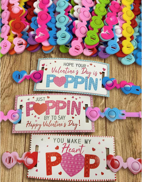 Load image into Gallery viewer, 24 Pack Valentines Cards with Heart POP Bracelets
