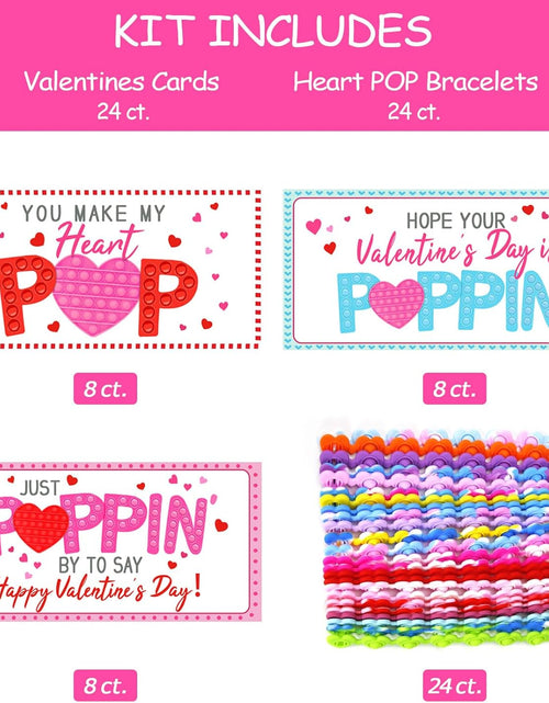 Load image into Gallery viewer, 24 Pack Valentines Cards with Heart POP Bracelets
