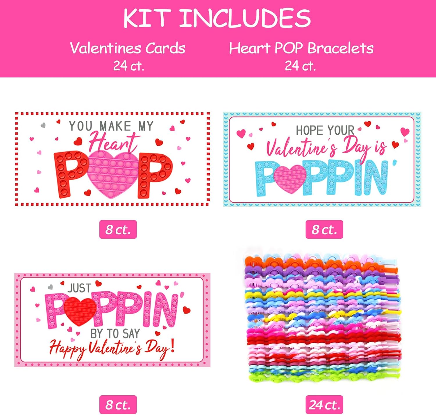 24 Pack Valentines Cards with Heart POP Bracelets