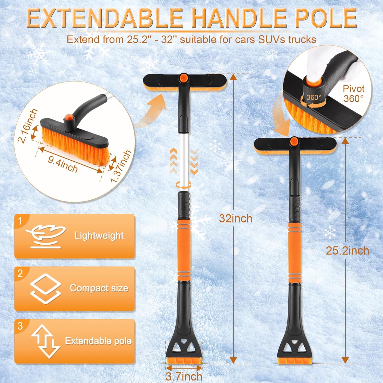 32" Extendable Snow Removal Tool with 360° Rotating Brush, Automotive exterior Accessories