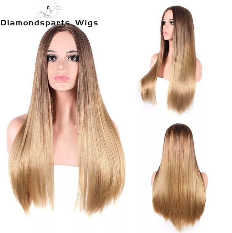 Women Real Long Straight Hair Wigs Ladies Natural Ombre Blonde Cosplay Full Wig