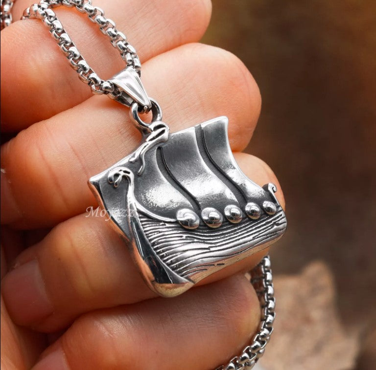 Stainless Steel Mens Nordic Viking Pirate Ship Pendant Necklace For Men Gift